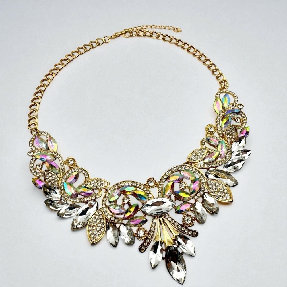 Elegant Iridescent Gold Tone Crystal Statement Necklace - Picture 7 of 12